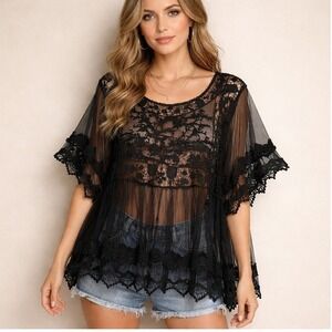 Rebellion Again Black Sheer Crochet Lace Mesh Gothic Top 2X Whimsigoth Witchy